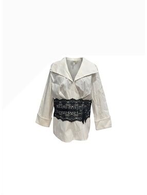 Jackie Jon White Blouse with Black Lace Waist Accent Size 14